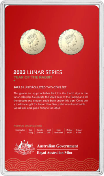 2023 Royal Australian Mint Lunar Year of the Rabbit $1 two coin set