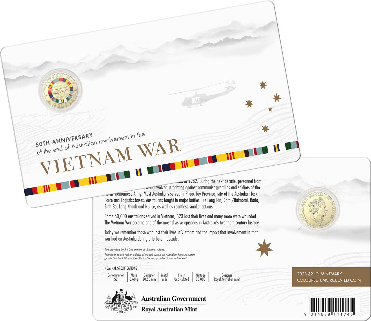 2023 $2 50th Anniversary of the End of Australians Vietnam War C Mintmark Coloured Silver Proof Coin