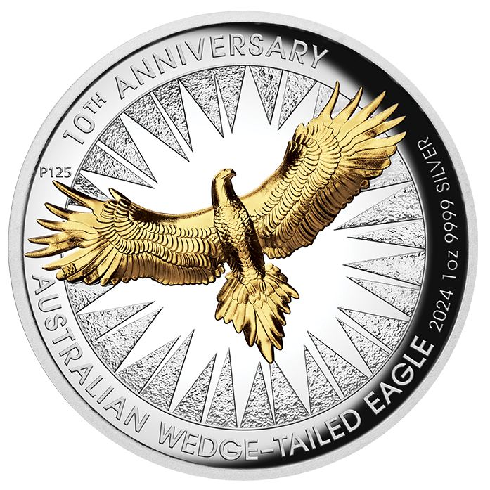 2024  Perth Mint Australian Wedge-Tailed Eagle 10th Anniversary 1oz Silver Proof High Relief Gilded