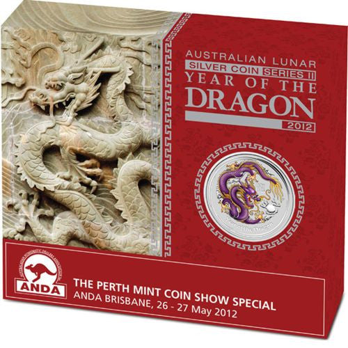 2012 PerthMint Brisbane ANDA Show- Australian Lunar Series II - Year of the Dragon 1oz Silver Purple Coloured coin