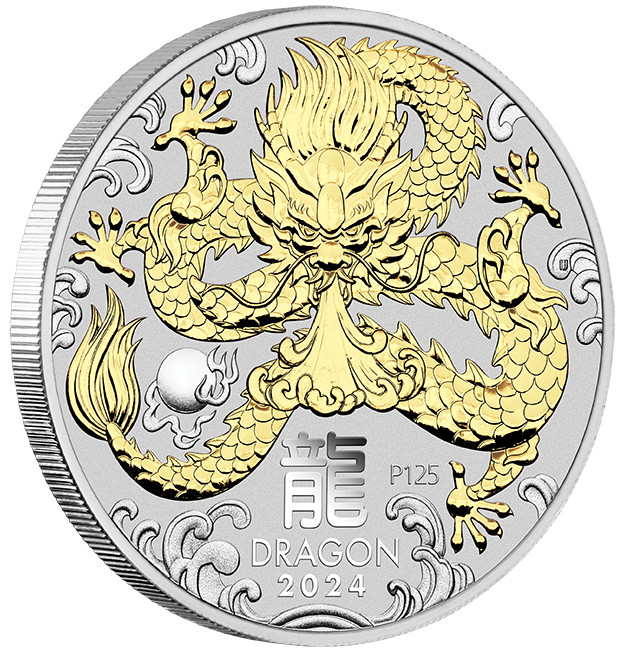 2024 PerthMint Australian Lunar Series III Year of the Dragon 1oz Silver Gilded Coin in Box