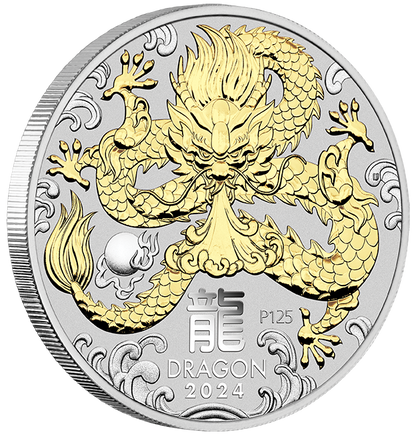 2024 PerthMint Australian Lunar Series III Year of the Dragon 1oz Silver Gilded Coin in Box