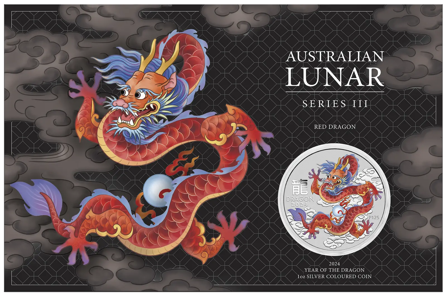 2024 PerthMint AUSTRALIAN LUNAR SERIES III RED DRAGON YEAR OF THE DRAGON 1oz SILVER COLOURED COIN IN CARD