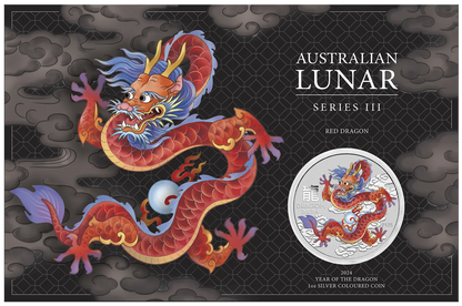 2024 PerthMint AUSTRALIAN LUNAR SERIES III RED DRAGON YEAR OF THE DRAGON 1oz SILVER COLOURED COIN IN CARD