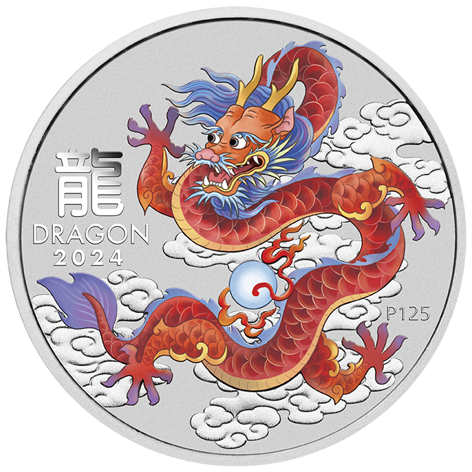 2024 PerthMint AUSTRALIAN LUNAR SERIES III RED DRAGON YEAR OF THE DRAGON 1oz SILVER COLOURED COIN IN CARD