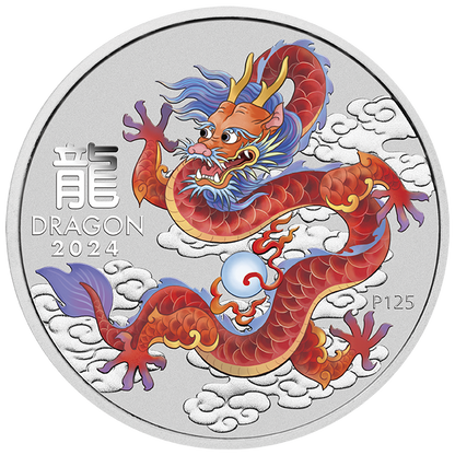 2024 PerthMint AUSTRALIAN LUNAR SERIES III RED DRAGON YEAR OF THE DRAGON 1oz SILVER COLOURED COIN IN CARD