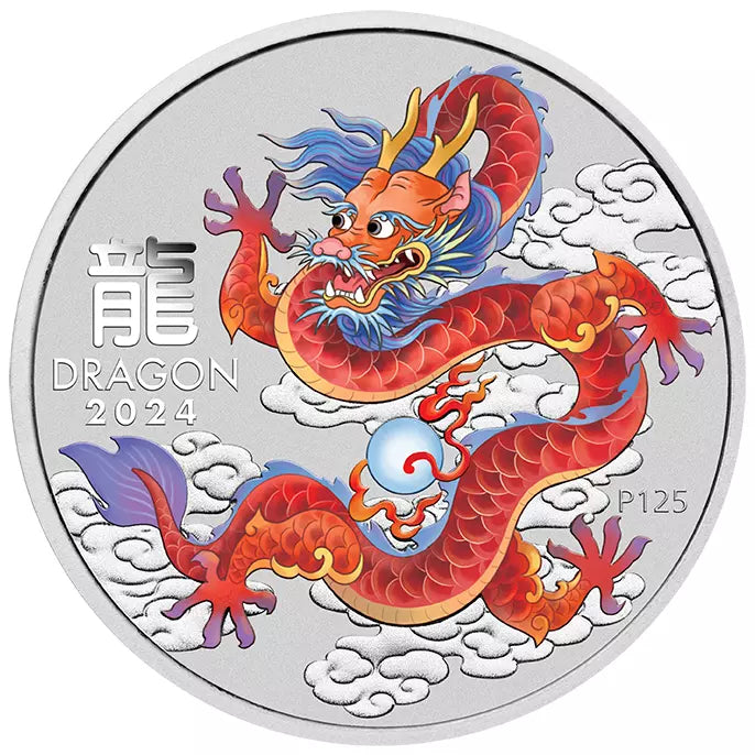 2024 Perth Mint  Lunar New Year Of Dragon Red Dragon 1/2oz Silver Coloured Coin in Capsule