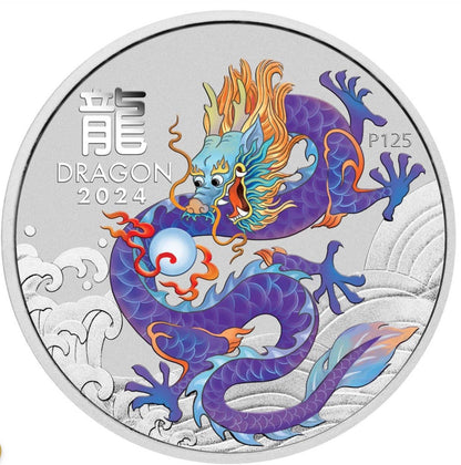 2024 Australian Lunar Series III Year of the Dragon 1oz Silver Purple Coloured Coin