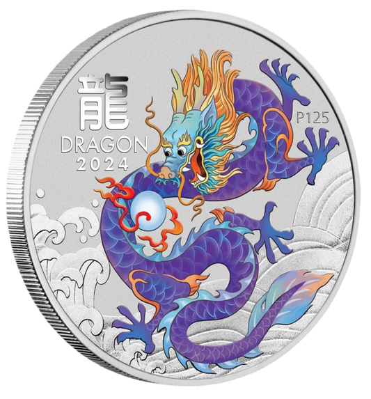 2024 Australian Lunar Series III Year of the Dragon 1oz Silver Purple Coloured Coin