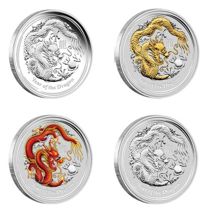 2012 Australian Lunar Series II Year of the Dragon Typeset 4  Silver Coin Collection