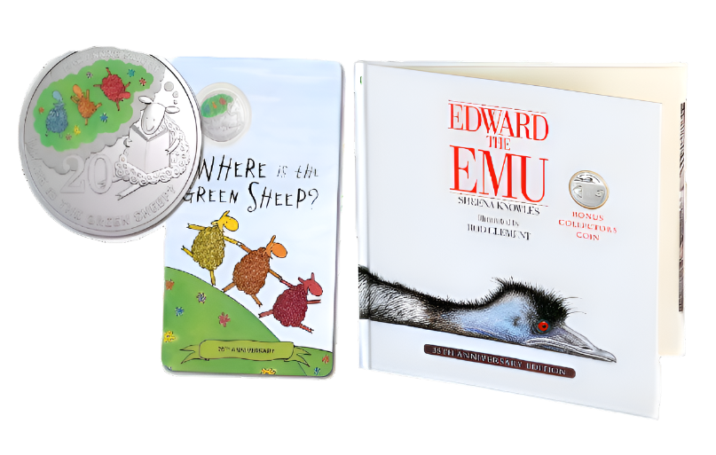 2024 Where is the Green Sheep 20c coloured coin in Card & 2023 Edward the Emu 20c coin on Special Edition Book