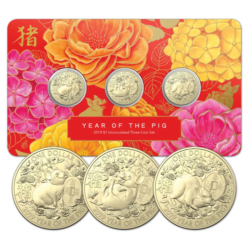 2019 Royal Australian Mint Lunar Year of the Pig $1 three coin set