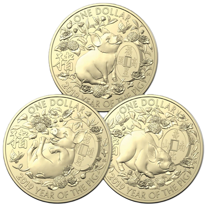 2019 Royal Australian Mint Lunar Year of the Pig $1 three coin set