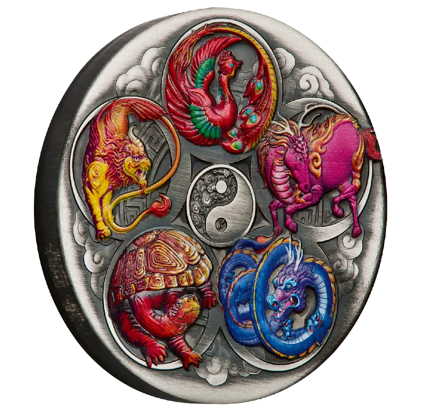 2024 Five Auspicious Creatures 5oz Silver Antiqued Coloured Coin