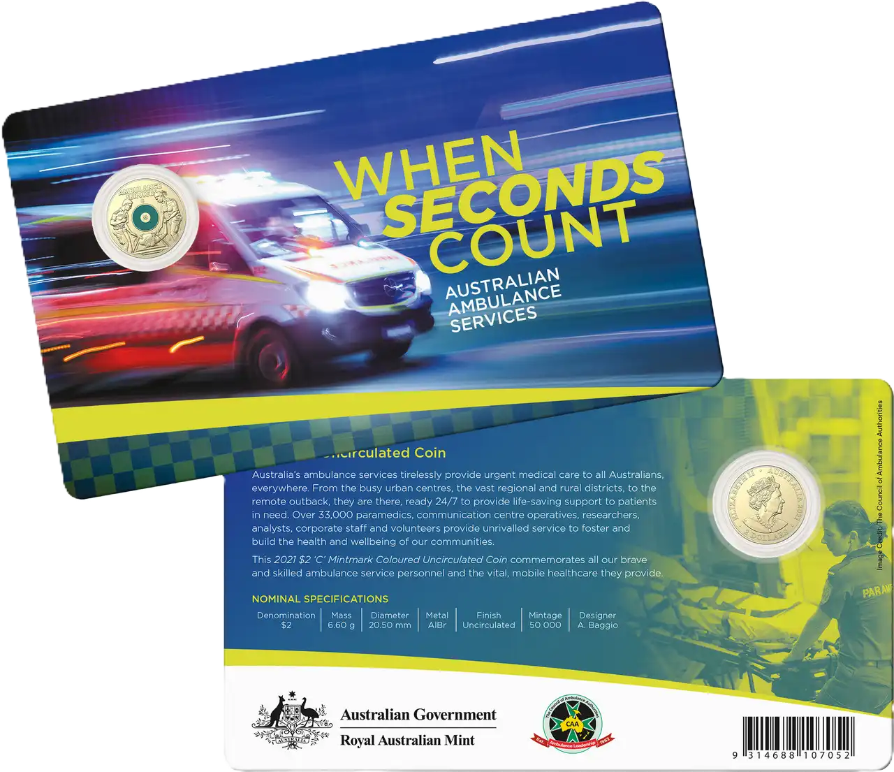 2021 Royal Australian Mint Ambulance Service $2 C MintMark Carded Coin