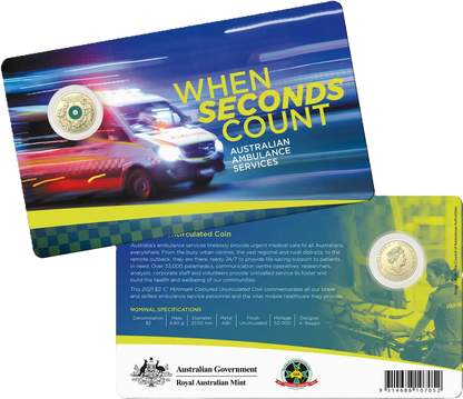 2021 Royal Australian Mint Ambulance Service $2 C MintMark Carded Coin