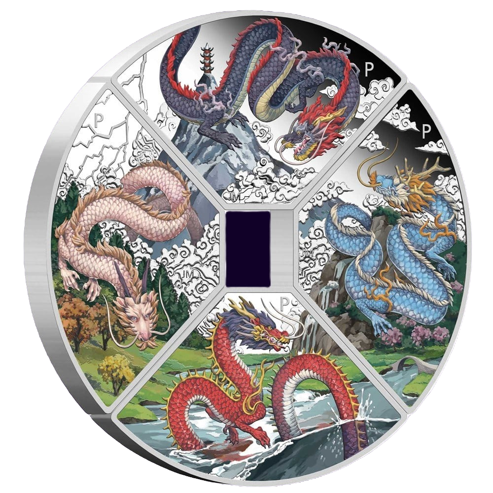 2024 PerthMint Year of the Dragon Quadrant  1oz Silver Proof Coloured four coin set