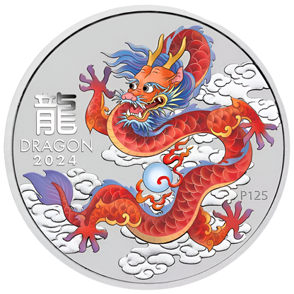 2024 Perth Mint  Lunar New Year Of Dragon Red Dragon 1/2oz Silver Coloured Coin in Capsule