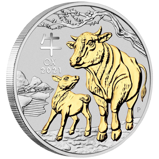 2021 Australian Lunar Series III Year of the Ox 1oz Silver Gilded Coin in Capsule