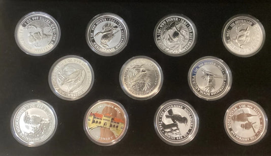 1990-1999 PerthMint Australian Kookaburra 1oz Silver 11 coin Collection in Original box