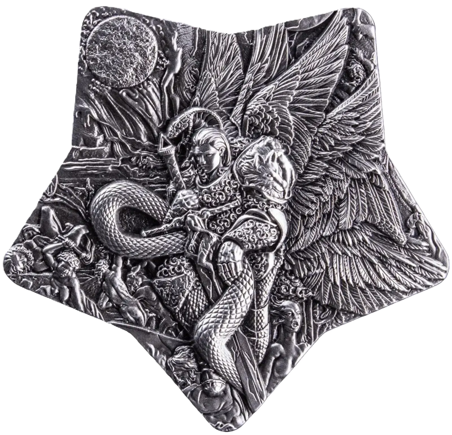 KOMSCO Lucifer the Fallen Angel 2oz Stackable Antiqued Silver Coin in Special Designed Capsule