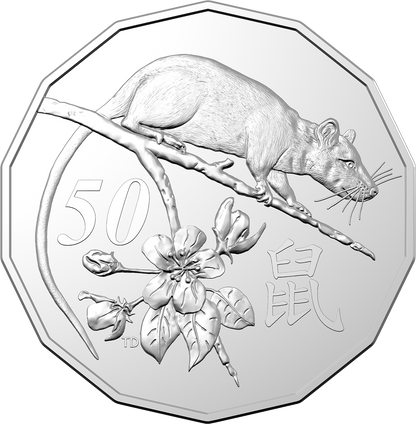 2020 Royal Australian Mint Lunar Year Of The Rat 50c Tetradecagon coin on card