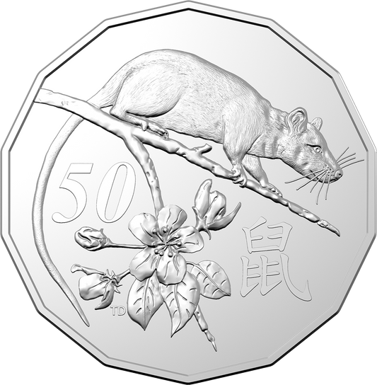 2020 Royal Australian Mint Lunar Year Of The Rat 50c Tetradecagon coin on card