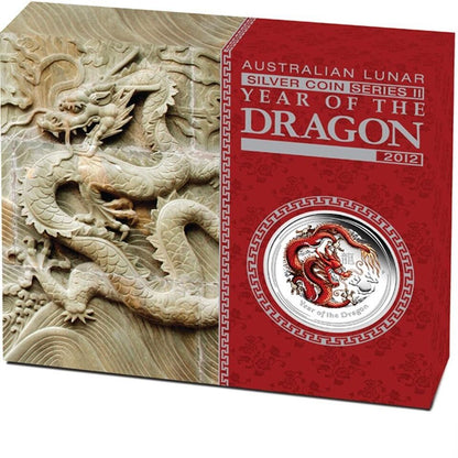 2012 PerthMint Australian Lunar Series II - Year of the Dragon 1oz Silver Red Coloured coin