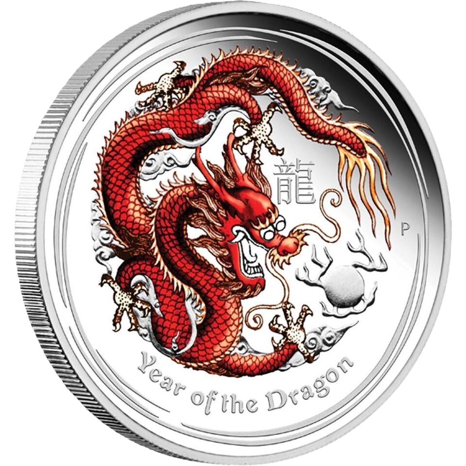 2012 PerthMint Australian Lunar Series II - Year of the Dragon 1oz Silver Red Coloured coin