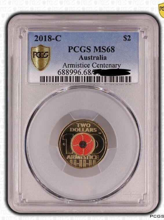 2018 PCGS MS68 graded $2 Armistice Centenary Poppy C Mintmark coin