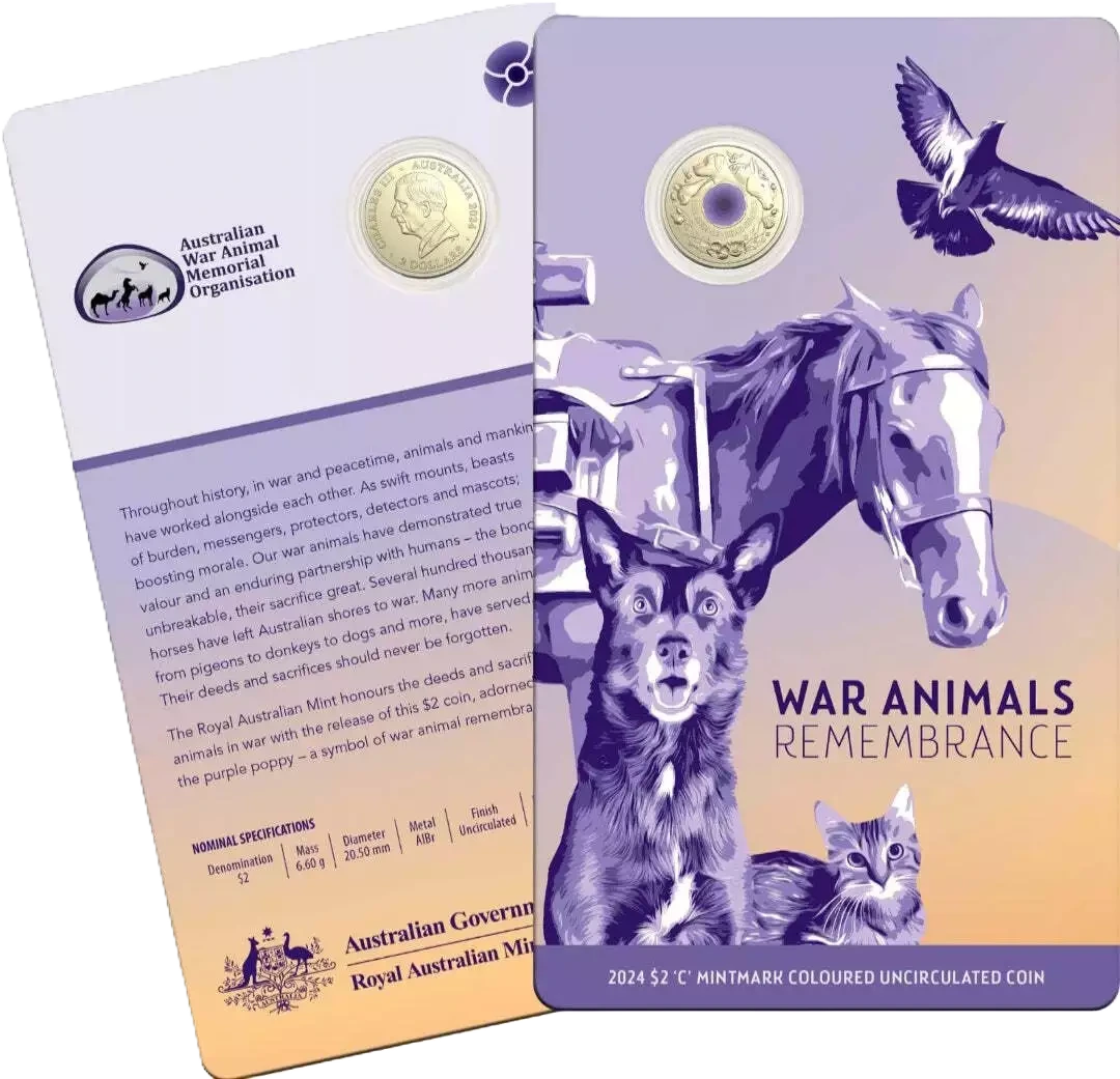 2024 War Animals Remembrance $2 ‘C’ Mintmark Coloured Unc Coin in Card