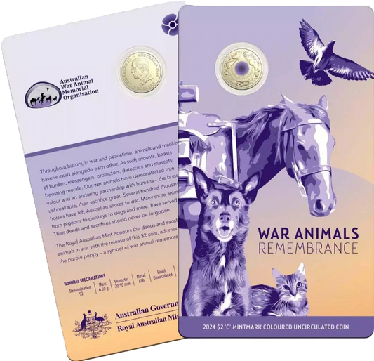 2024 War Animals Remembrance $2 ‘C’ Mintmark Coloured Unc Coin in Card