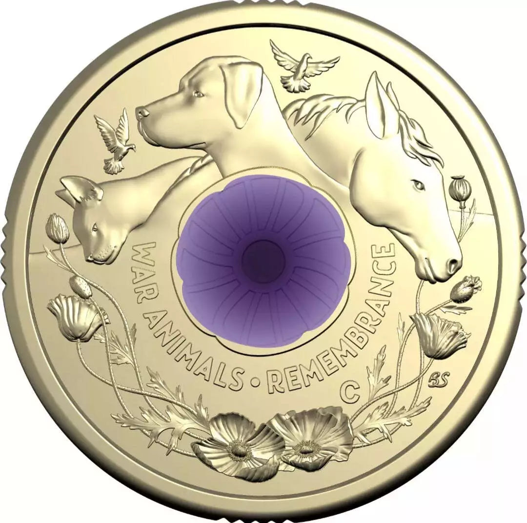 2024 War Animals Remembrance $2 ‘C’ Mintmark Coloured Unc Coin in Card