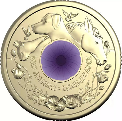 2024 War Animals Remembrance $2 ‘C’ Mintmark Coloured Unc Coin in Card